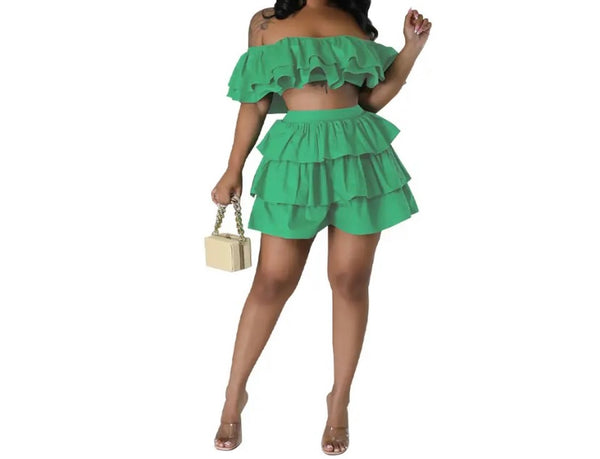 Women Sexy Off The Shoulder Ruffled Two Piece Skirt Set