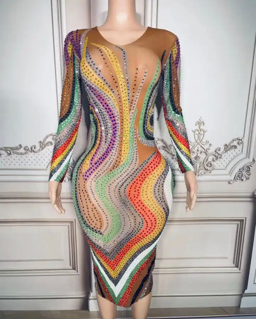Women Sexy Full Sleeve Mesh Colorful Rhinestone Printed Dress