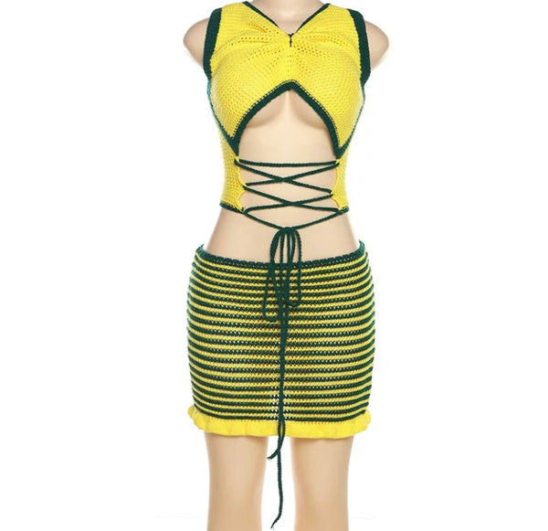 Women Sexy Sleeveless Color Patchwork Knitted Two Piece Skirt Set