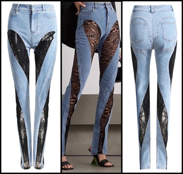 Women Lace Patchwork Denim Fashion Pants