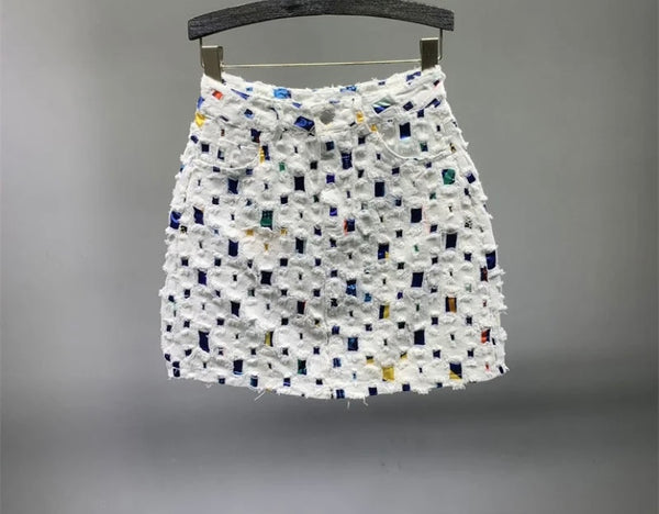 Women Color Fashion Fringe Denim Skirt