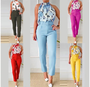 Women Printed Sleeveless Fashion Two Piece Pant Set
