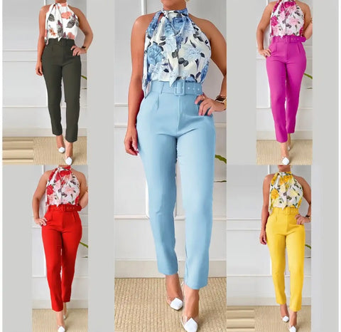 Women Printed Sleeveless Fashion Two Piece Pant Set