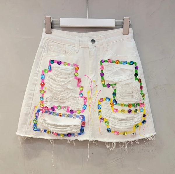 Women Fashion Ripped Gem Denim Skirt