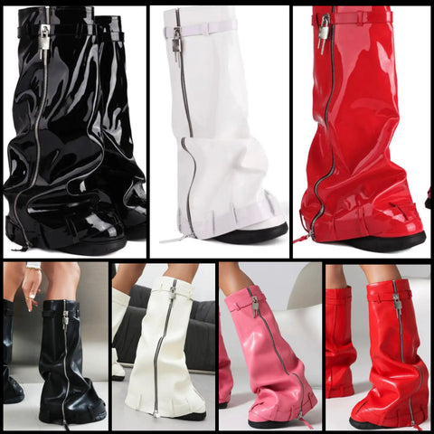 Women Fashion Faux Leather/Patent Leather Zipper Buckled Lock Boots
