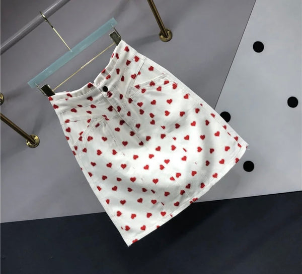 Women White Heart Print Fashion Denim Skirt