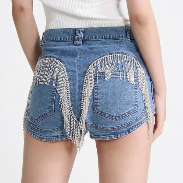 Women Rhinestone Tassel Fashion Denim Shorts