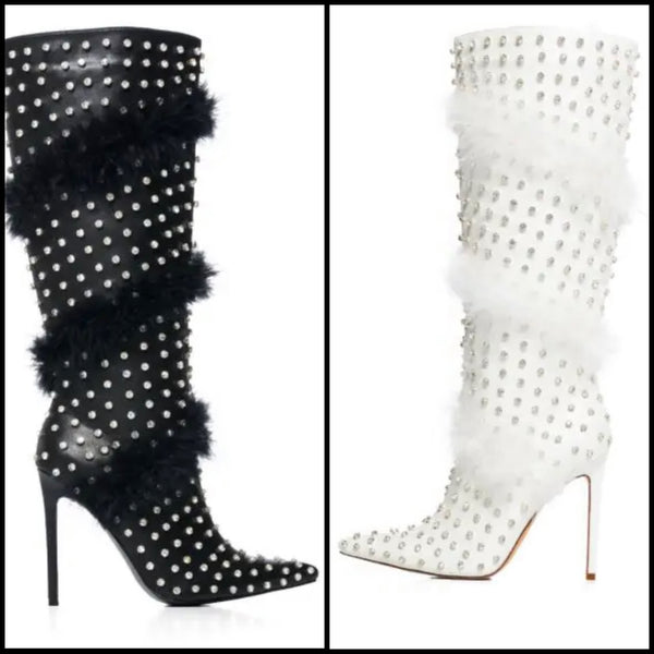Women Bling Faux Fur Pointed Toe Knee High Boots