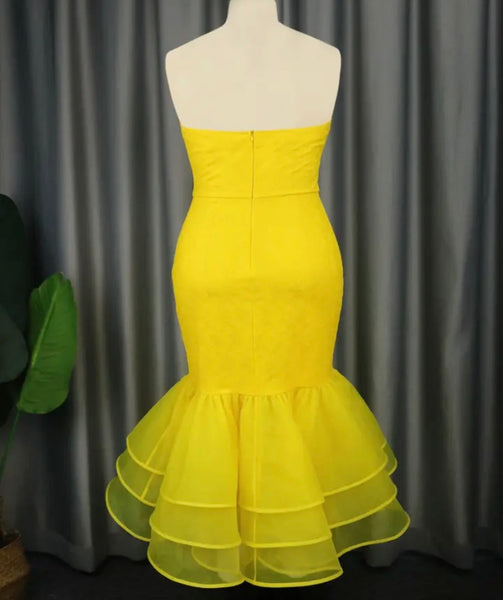 Women Sexy Yellow Lace Ruffled Mesh Dress