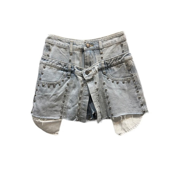Women Rivet Button Up Fashion Denim Skirt