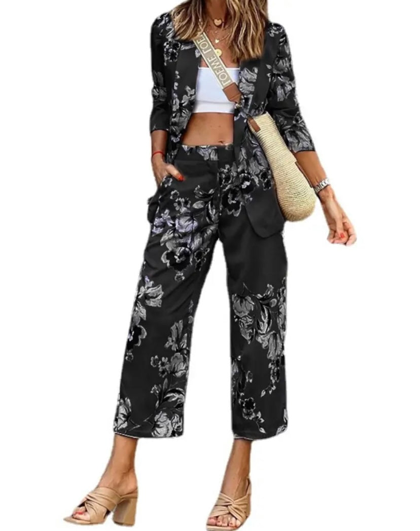 Women Fashion Floral Blazer Two Piece Pant Set
