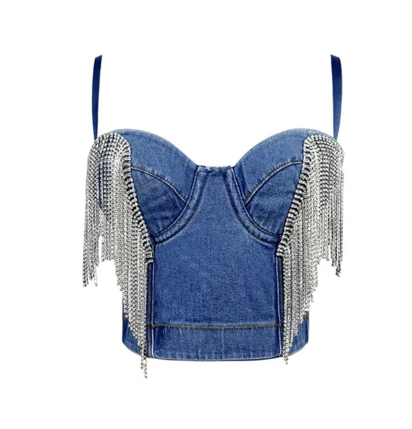 Women Sexy Fashion Sleeveless Tassel Denim Crop Top