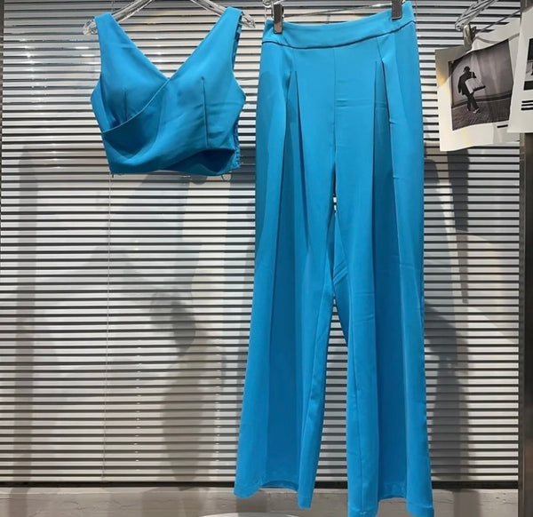 Women Sleeveless Solid Color Crop Two Piece Sexy Pant Set