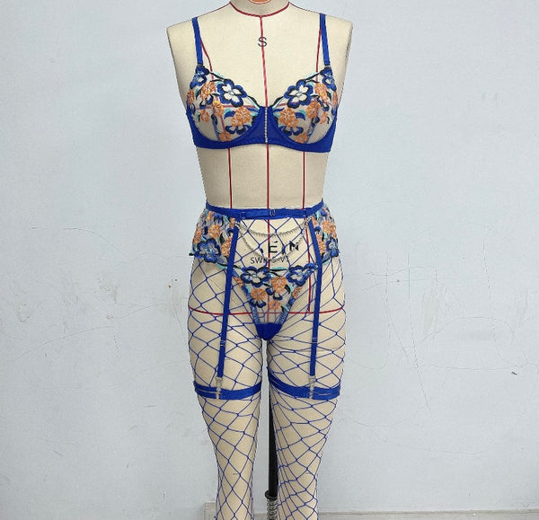 Women Sexy Blue Floral Fishnet Lingerie Set