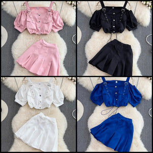 Women Fashion Solid Color Button Up Crop Two Piece Pleated Skirt Set