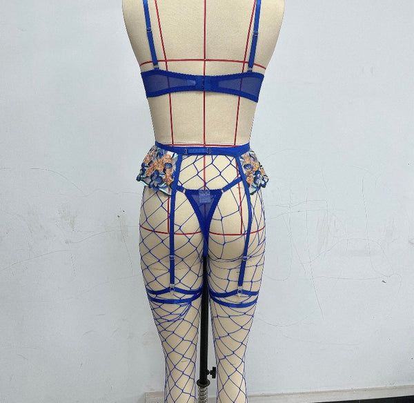 Women Sexy Blue Floral Fishnet Lingerie Set