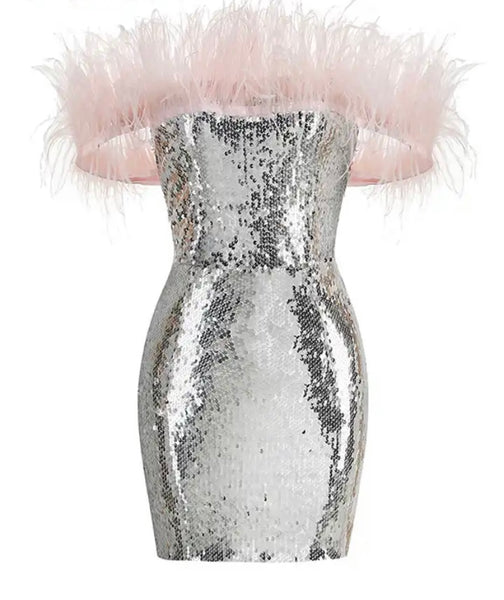 Women Sexy Feather Strapless Sequins Dress