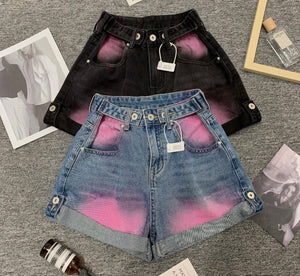 Women Fashion Pink Patchwork Denim Shorts