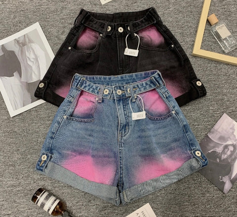 Women Fashion Pink Patchwork Denim Shorts