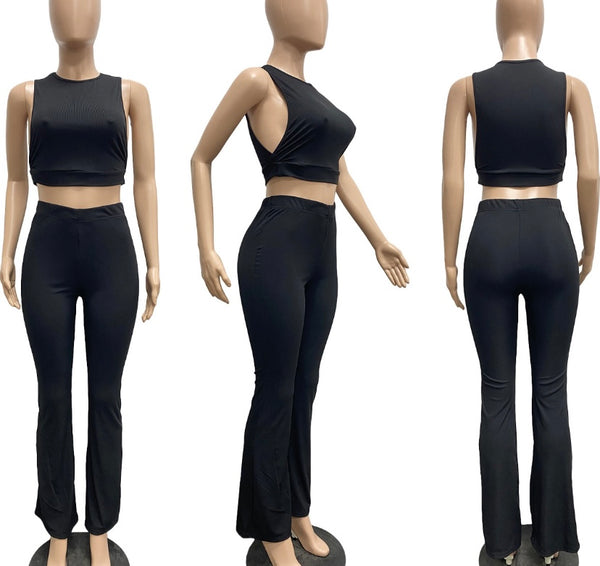 Women Ribbed Sleeveless Solid Color Sexy Two Piece Pant Set