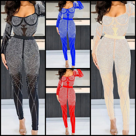 Women Bling Full Sleeve Two Piece Mesh Sexy Pant Set