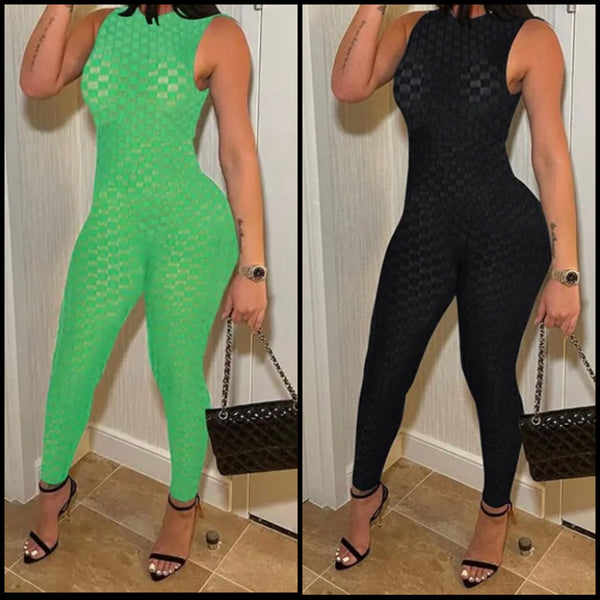 Women Sexy Sleeveless Solid Color See Through Jumpsuit