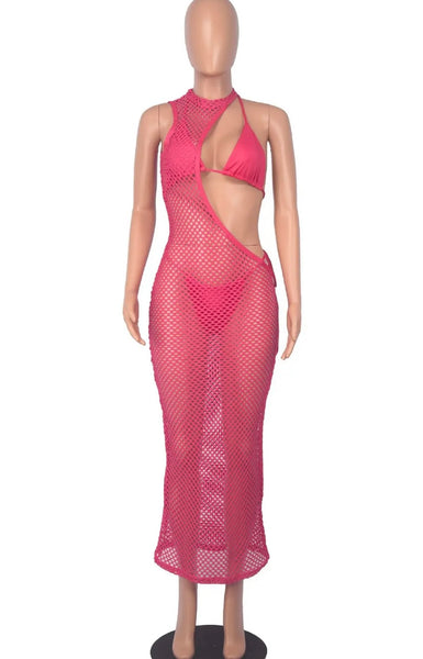 Women Sexy Solid Color Bikini One Shoulder Mesh Cover Up Set