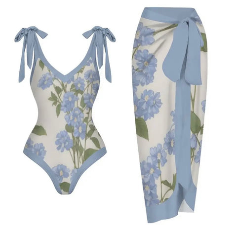 Women Blue Floral Print Tie Up Swimsuit Cover Up Set
