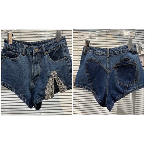 Women Fashion Rhinestone Patchwork Denim Mini Shorts
