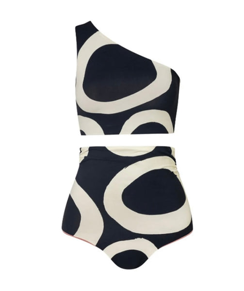 Women One Shoulder B&W Printed Bikini Cover Up Set