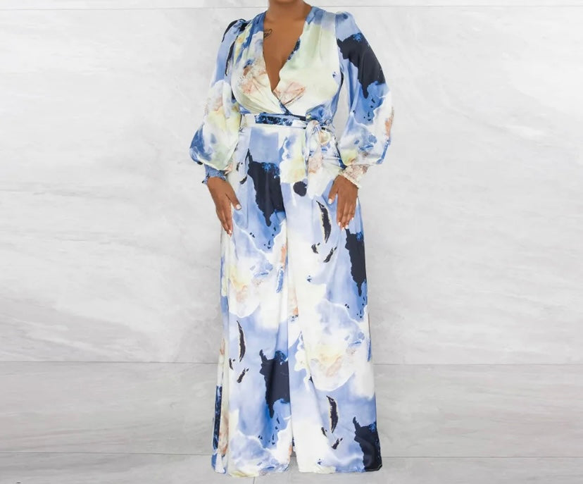 Women Printed Full Sleeve Belted Jumpsuit