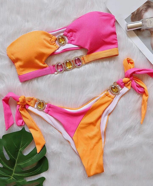 Women Sexy Strapless Color Patchwork Gem Cut Out Bikini Swimsuit