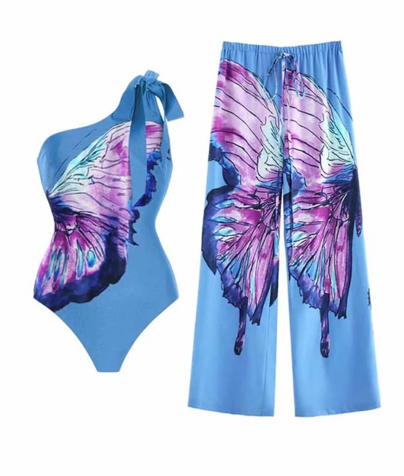 Women Blue Butterfly Sexy Swimsuit Cover Up Set