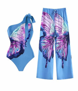 Women Blue Butterfly Sexy Swimsuit Cover Up Set