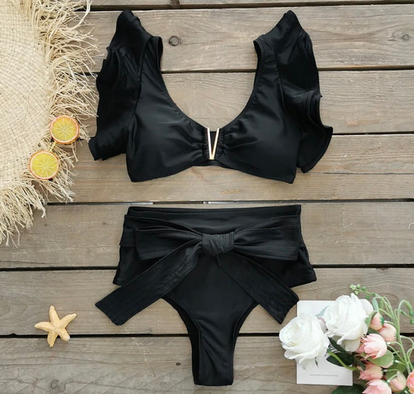 Women Sexy Black Ruffled Sleeve Bikini Cover Up Set