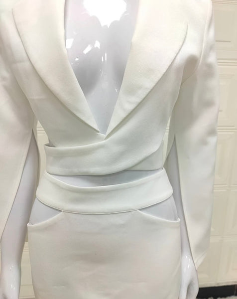 Women White Sexy Criss Cross Blazer Two Piece Skirt Set