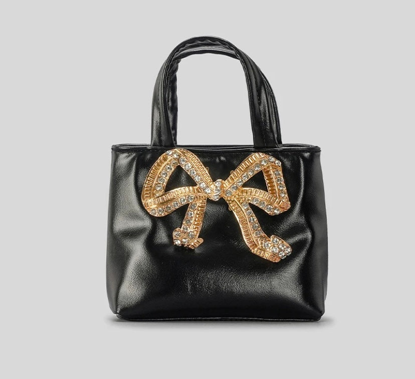 Women Fashion Faux Leather Bling Bow Handbag Purse