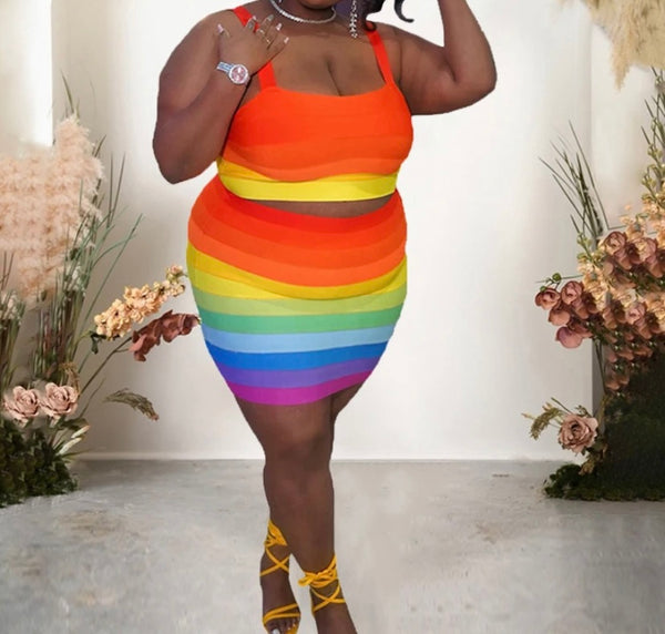 Women Sexy Sleeveless Rainbow Striped Two Piece Skirt Set