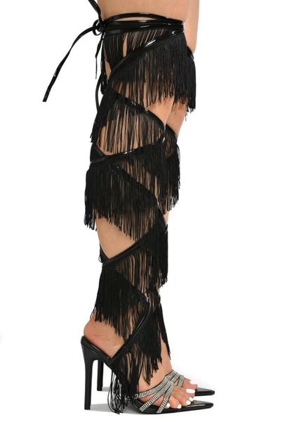Women Rhinestone Open Toe Tassel Lace Up Sandals