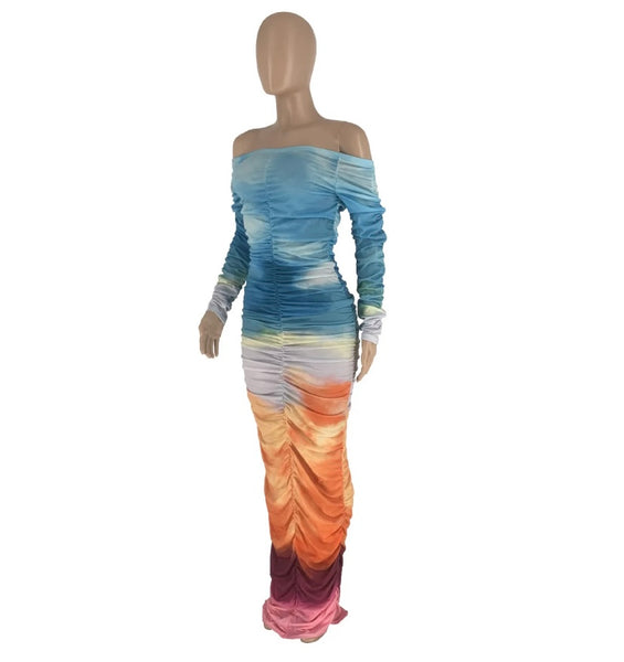 Women Sexy Off The Shoulder Multicolored Full Sleeve Ruched Maxi Dress