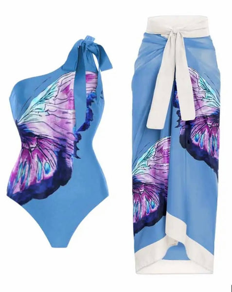 Women Blue Butterfly Sexy Swimsuit Cover Up Set