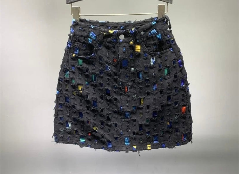 Women Color Fashion Fringe Denim Skirt