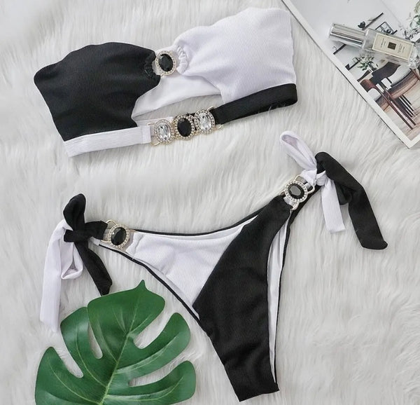 Women Sexy Strapless Color Patchwork Gem Cut Out Bikini Swimsuit