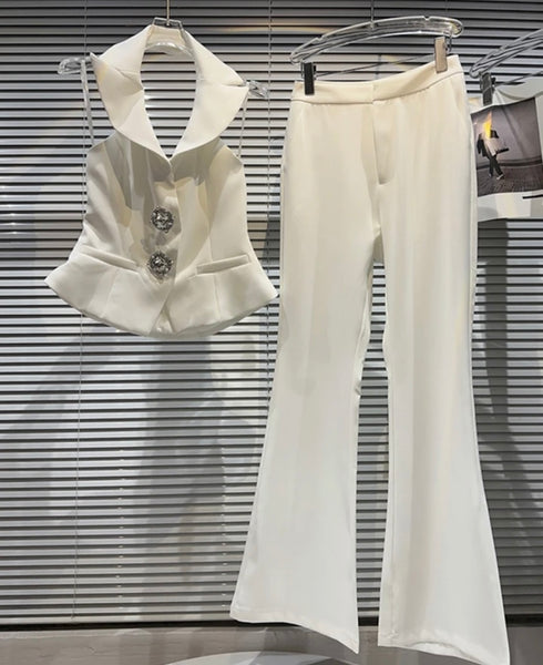 Women Sexy Rhinestone Button Collar Halter Two Piece Pant Set