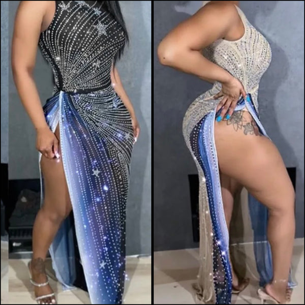 Women Sexy High Side Slit Sleeveless Bling Mesh Maxi Dress