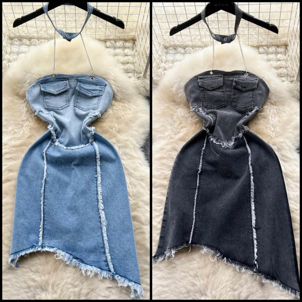 Women Sexy Chain Halter Denim Dress
