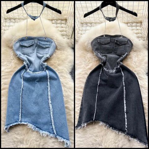 Women Sexy Chain Halter Denim Dress