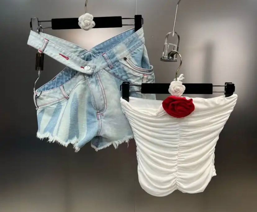 Women Fashion Rose Strapless Tube Top Two Piece Denim Short Set