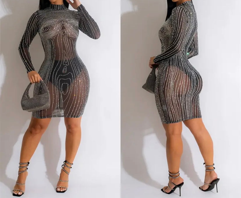Women Sexy Full Sleeve Rhinestone Bling Mesh Dress