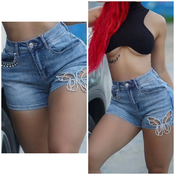 Women Blue Rhinestone Butterfly Fashion Denim Shorts